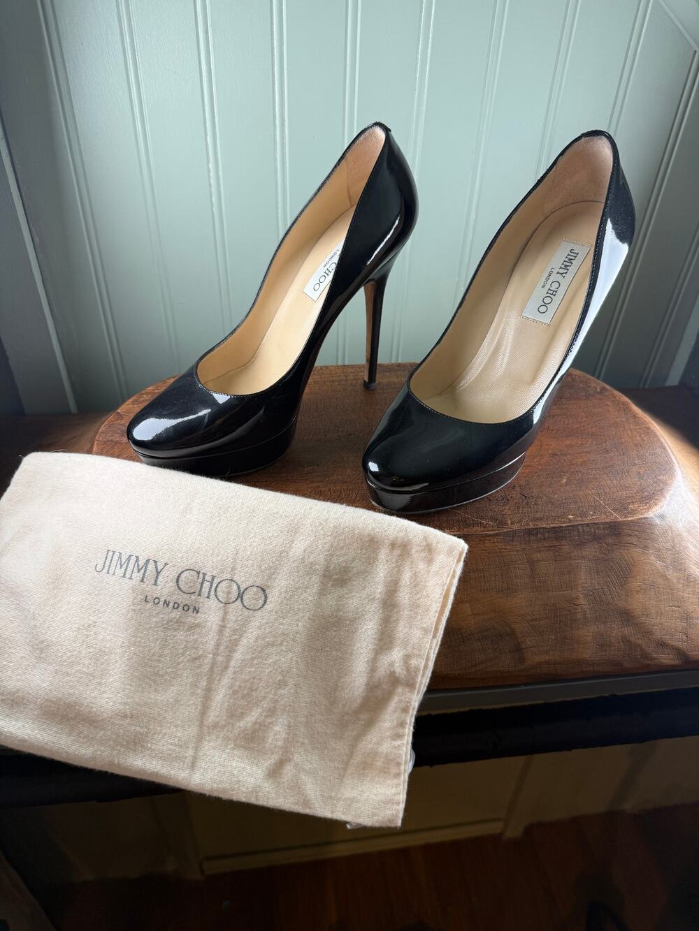 Jimmy Choo Black Patent Leather Platform Stiletto Pumps EU 38.5 with Dust Bag
